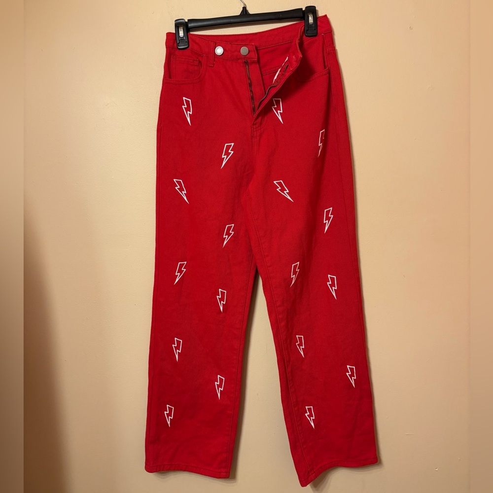 SHEIN Red and white lightning bolt jeans
